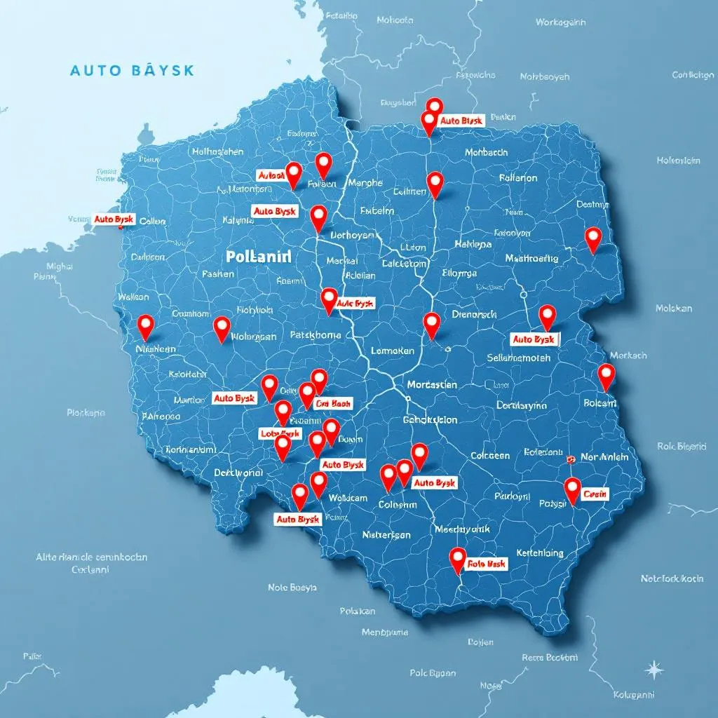 Mapa lokalizacji myjni CarWash Service w Polsce z zaznaczonymi punktami