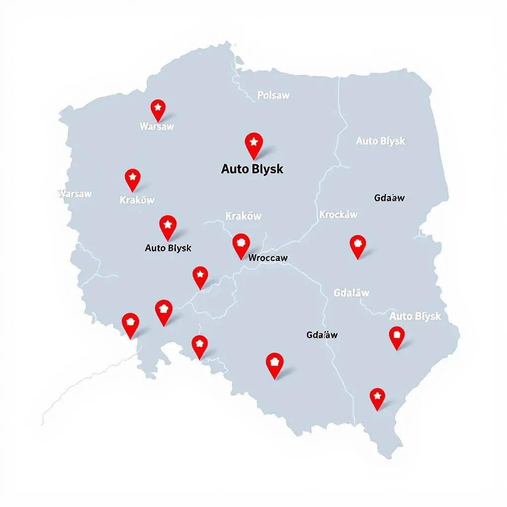 Mapa Polski z zaznaczonymi lokalizacjami myjni CarWash Service w głównych miastach