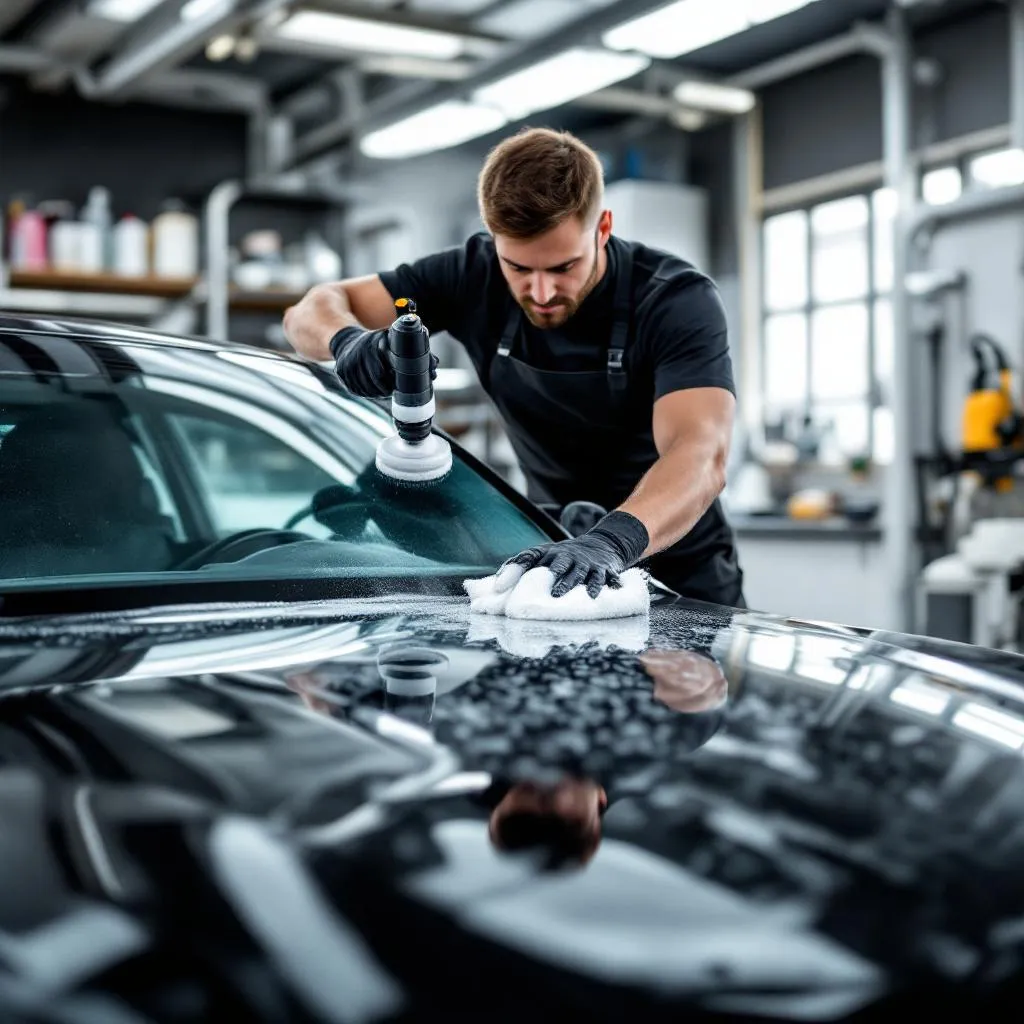 Profesjonalista wykonujący detailing samochodu premium z użyciem specjalistycznego sprzętu