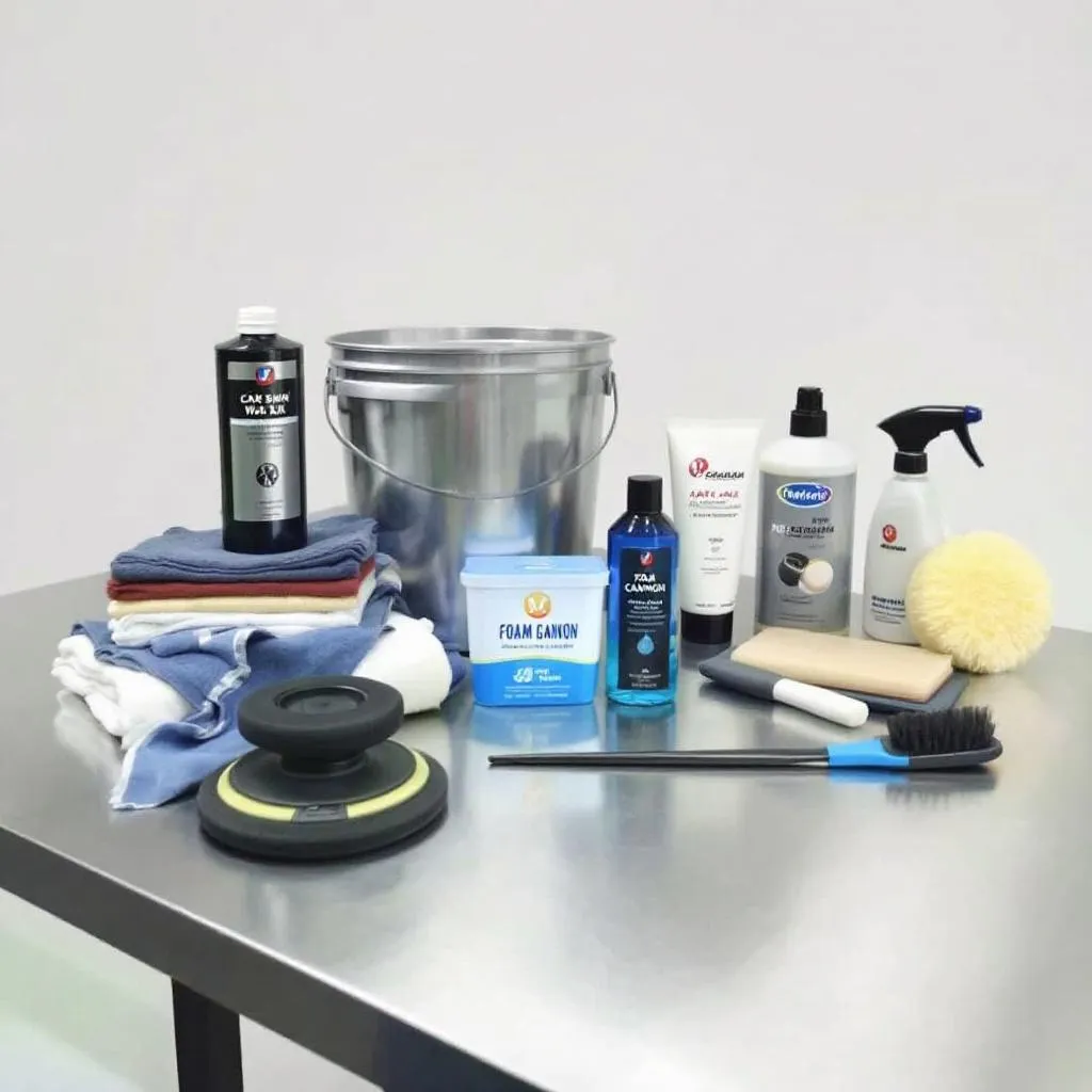 Zestaw profesjonalnych produktów do detailingu samochodowego ułożonych na stole warsztatowym
